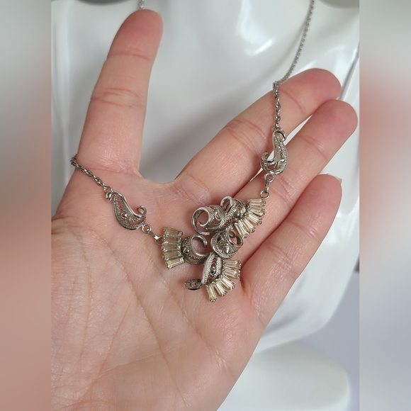 Vintage Art Deco Sterling Silver Crystal Baguette Filigree Chain Y Necklace - Picture 3 of 10